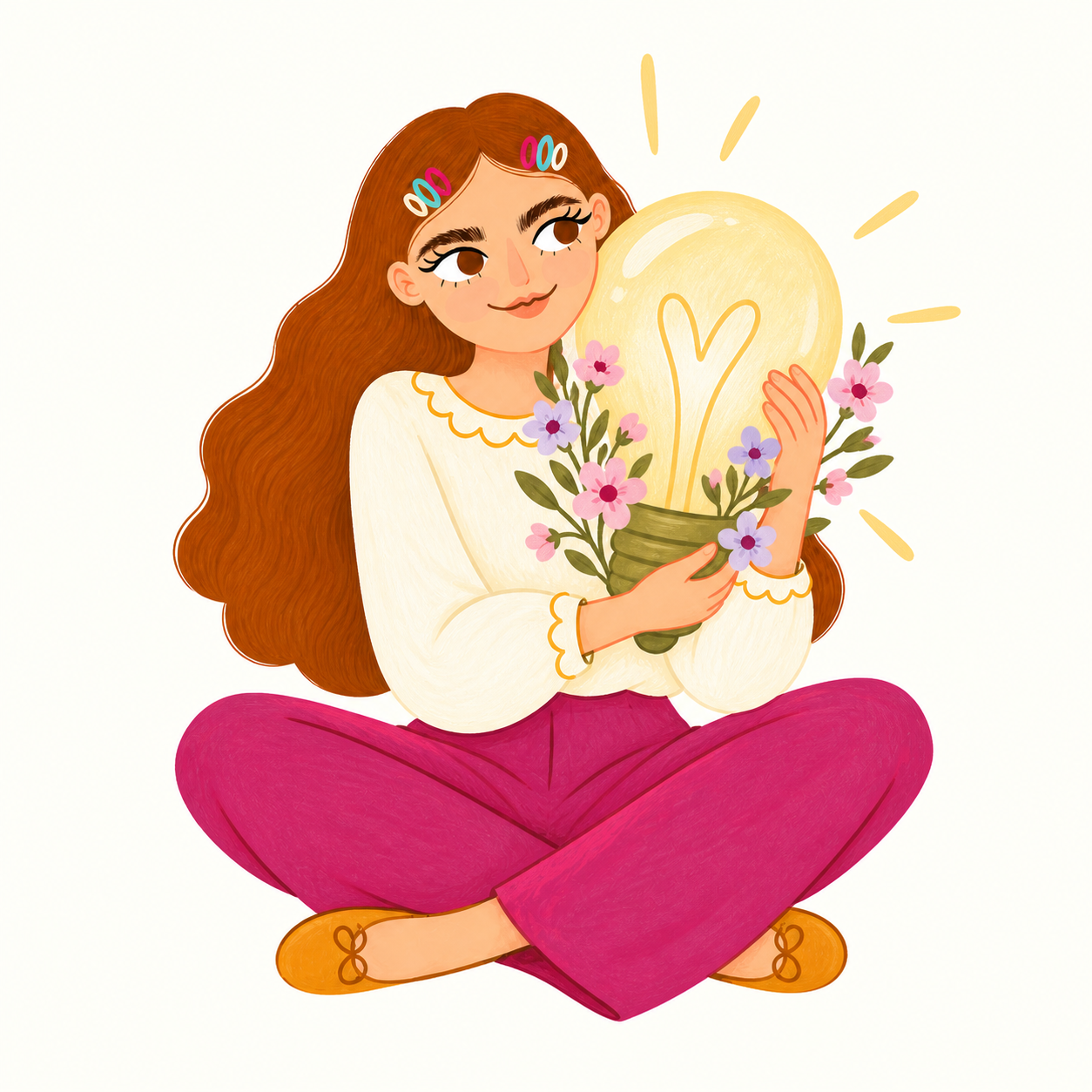 Andrea con una bombilla y flores, imaginando una nueva idea