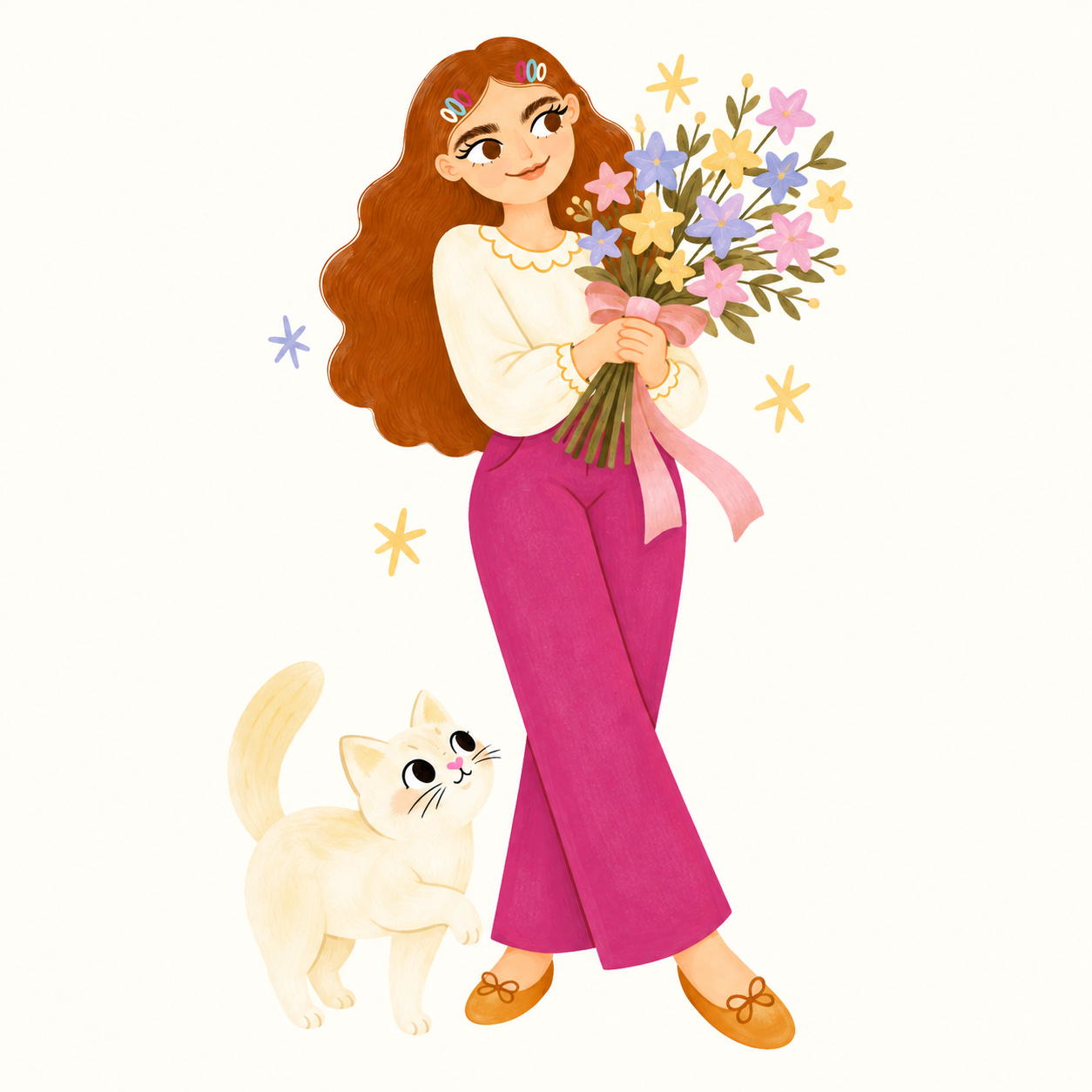 Andrea celebrando con un ramo de estrellas y su gato